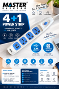 MASTER ELECTRO 4+1 Universal Power Strip | 3 Socket + 2 USB | 2.4A USB Charger