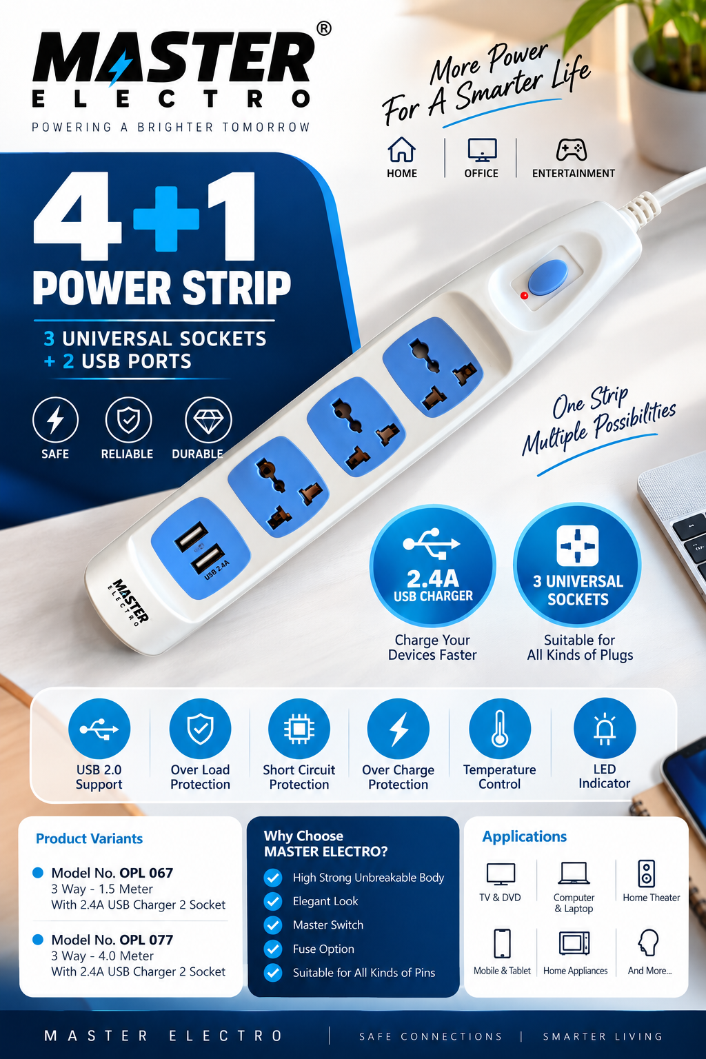 MASTER ELECTRO 4+1 Universal Power Strip | 3 Socket + 2 USB | 2.4A USB Charger